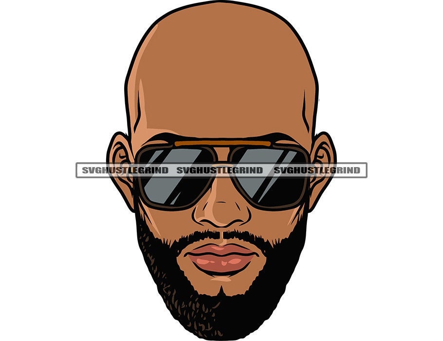Hombre negro calvo Barba con gafas de sol Solo cabeza Retrato