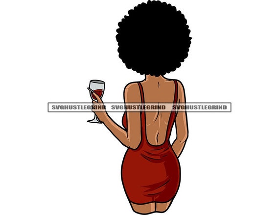 Mujer negra afro usando vestido corto rojo sin espalda sosteniendo