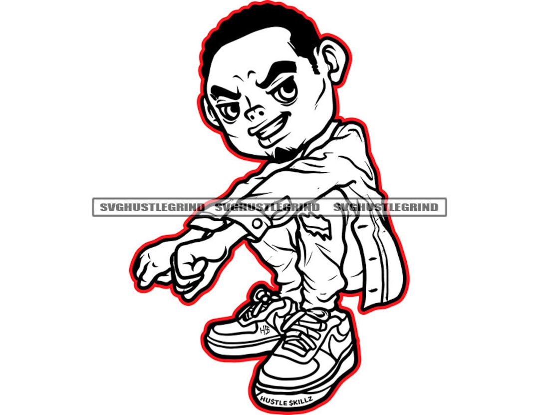 Gangster Black Male Afro Cartoon Shirt Ripped Jeans Mean Face Kneeling