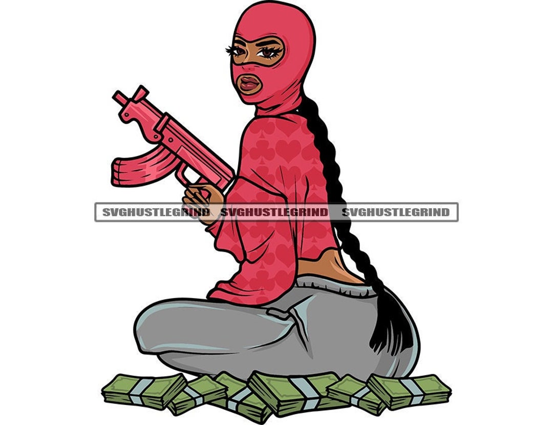 Savage Black Woman Pink Ski Mask Pink Gun Weapon Sitting Stack Money