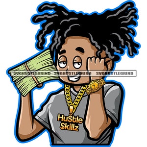 Gangster Man Cartoon Character Money Stacks Dreads Locs Hair Gold Chain Watch Hustle Grind SVG Vector Cut Files PNG JPG Cricut Silhouette