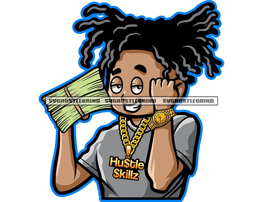 Gangster Man Cartoon Character Money Stacks Dreads Locs Hair Gold Chain