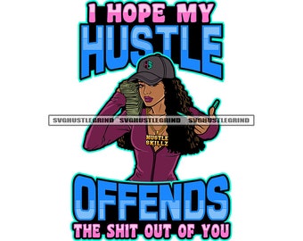 I Hope My Hustle Black Woman Holding Stack Cash Money Baseball Cap Daumen hoch lila Kette SVG Vektor Cutting Dateien PNG JPG Cricut Silhouette