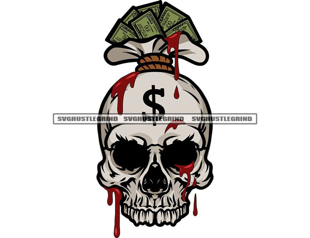 Skull Head Bank Bag Currency Dollar Bills Cash Money Dripping Red Blood