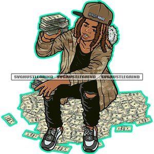May include: A cartoon illustration of a person wearing a camouflage jacket, a black and white baseball cap with the text "Hustle Grind" on it, and sitting on a pile of money. The person is holding a stack of money in their hand.