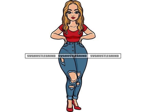 Buy White Woman Blonde Ripped Torn Jeans Big Hips Red Top Heels