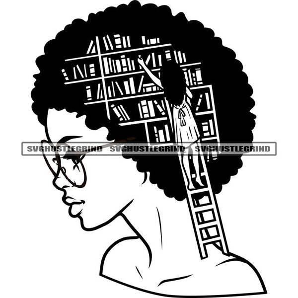 Melanin Black Woman Afro Books Ladder In Hair Library Reading Eyeglasses Headshot B/W SVG Vector Cutting Files PNG JPG Cricut Silhouette