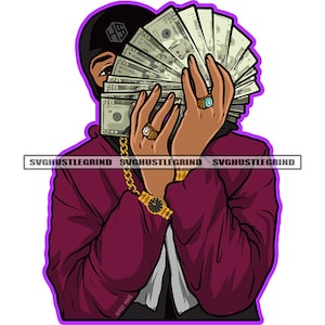 May include: A cartoon illustration of a person wearing a black ski mask and a burgundy jacket, holding a large stack of cash in front of their face. The person is wearing a gold chain and a gold watch.