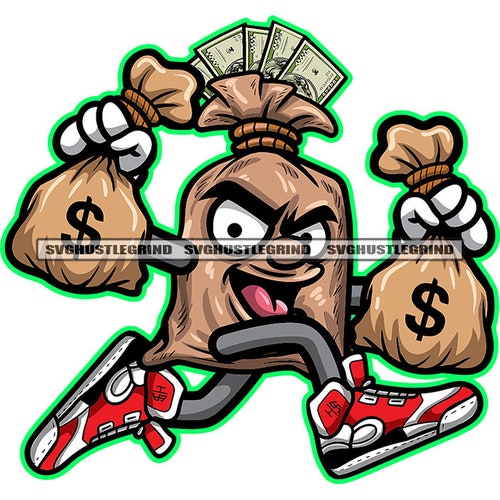 Money Bag Cartoon Character Running Holding Money Bags Etsy
