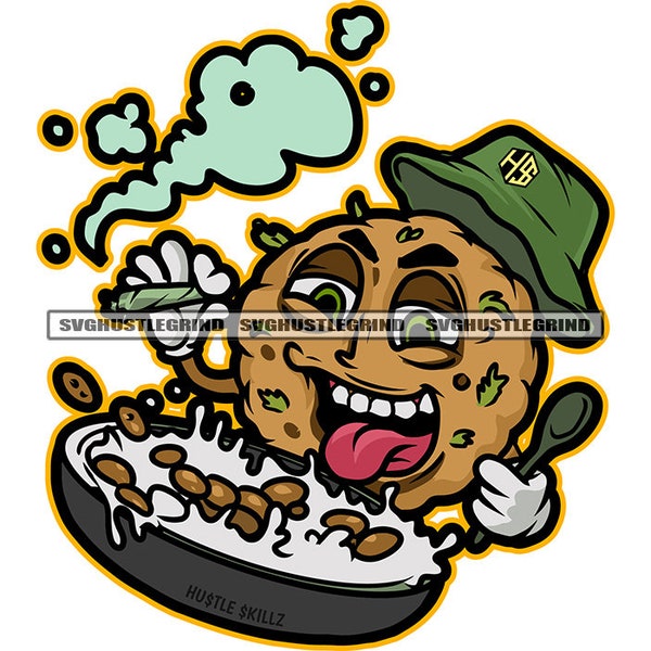 Bol de céréales Cereal Man Caractère Lait Cuillère Chapeau Langue Sortir Manger Hungry Scène Illustration VG Vecteur Couper Fichiers PNG JPG Cricut Silhouette