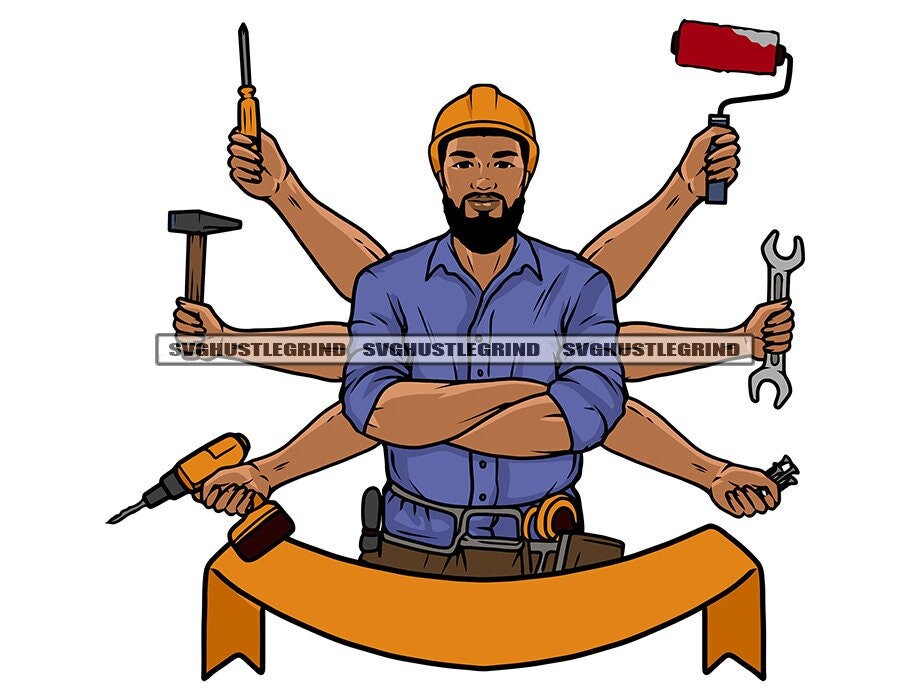 Black Man Construction Worker Tools Logo Martillo Pintura Rodillo Taladro Llave Banner Gráfico SVG Vector Cutting Files PNG JPG Cricut Silhouette