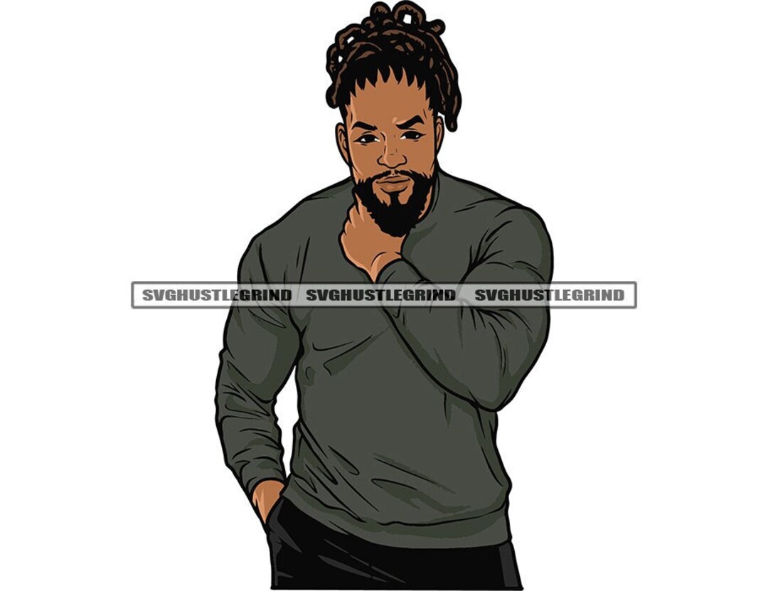 Handsome Black Man Dreads Locs Beard Gray Shirt Black Pants Hand Pocket ...
