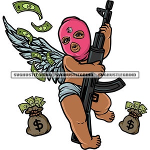 Puede incluir: Un ángel de dibujos animados con una máscara de esquí rosa sosteniendo un rifle y rodeado de bolsas de dinero. El ángel tiene alas y lleva un pañal.
