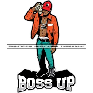 Boss Up Gangster Black Man Money Stacks Baseball Cap Six Pack Cash Hustle Big Grind SVG Vector Design Cut Files PNG JPG Cricut Silhouette