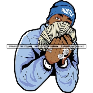 Gangster Man Wearing Winter Hat Bragging Showing Money Spread Hip Hop Hustling Grind Hustle SVG Vector Cut Files PNG JPG Cricut Silhouette