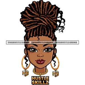 Melanin Woman Dreads Locs Dreadlocks Hair Big Eyes African American Gold Chain Hoop Earring SVG Vector Cut Files PNG JPG Cricut Silhouette