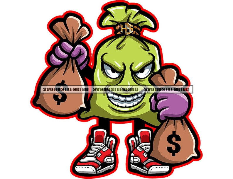 Green Money Bag Cartoon Character Holding Money Bags Dollar Etsy