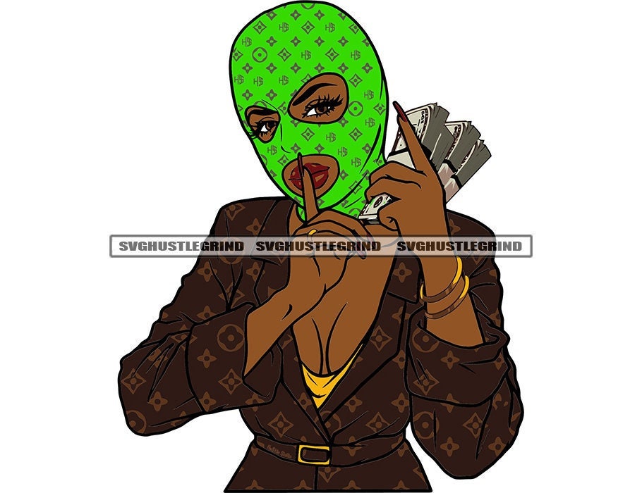 Gangster Black Woman Green Ski Mask Holding Money Cash Gangster Black Woman Green Ski Mask Holding Money Cash