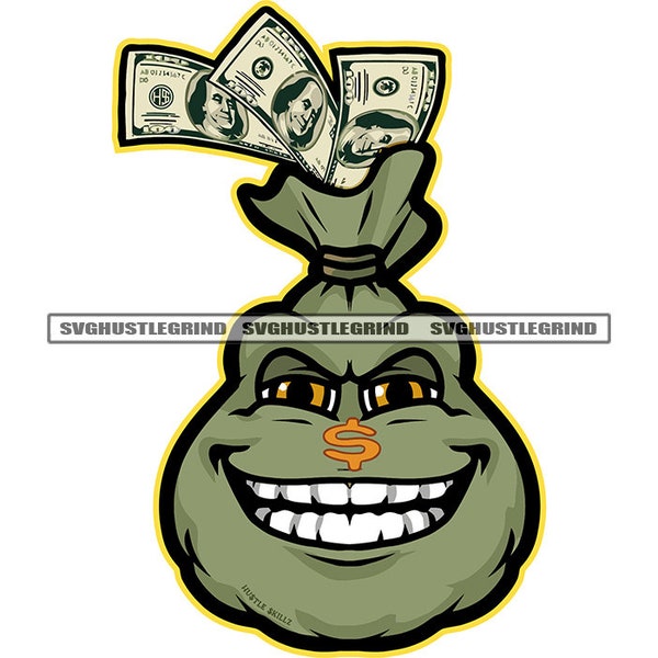 Money Bag Cartoon Character Cash Dinero Evil Smile Money Sign Hustler Hustling Grind SVG Vector Layered Cut Files PNG JPG Cricut Silhouette