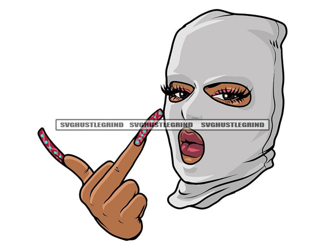 Savage Black Woman White Ski Mask Giving Middle Finger Long Fingernails