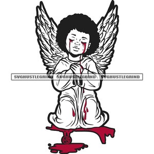 Angel Black Baby Boy Praying Pray Bleeding Tears Dripping Wings Fairy Faith Pain B/W SVG Vector Cutting Files PNG JPG Cricut Silhouette