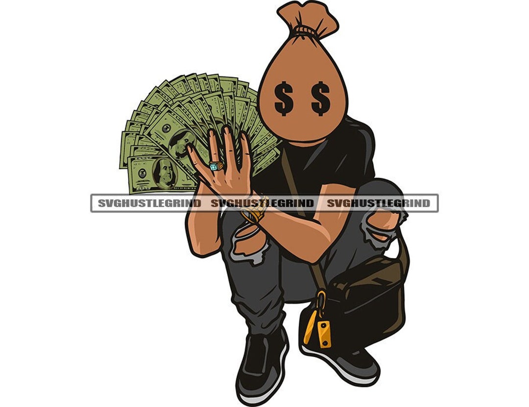 Money Bag Head Black Man Holding Cash Money Kneeling Ripped Etsy