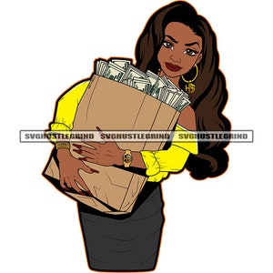 Jovem mulher negra segurando uma sacola de compras Dinheiro cheio Dólares Cabelo comprido Amarelo Imagem superior SVG Arquivos de corte vetorial PNG JPG Silhueta Cricut