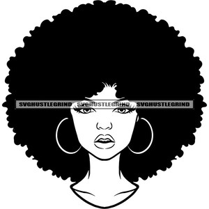 Melanin Woman Big Afro Hair Earrings Hoops Headshot Face View Female Logo Paint Sip B/W SVG Vector Cutting Files PNG JPG Cricut Silhouette