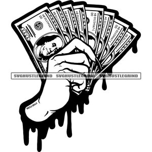 Female Hand Dripping Holding Dollar Bills Cash Money Long Nails Logo Graphic Image B/W SVG Vector Cutting Files PNG JPG Cricut Silhouette