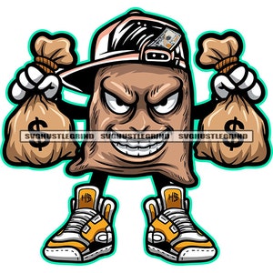 Gangster Money Bag Cartoon Character Holding Money Bags Baseball Hat Sneakers Hustler Grind SVG Vector Cut Files PNG JPG Cricut Silhouette