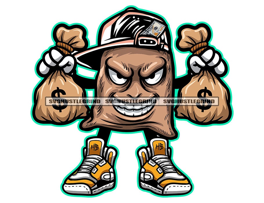 Gangster Money Bag Cartoon Character Holding Money Bags Baseball Hat  Sneakers Hustler Grind SVG Vector Cut Files PNG JPG Cricut Silhouette -   Sweden