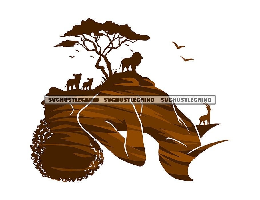 Black Woman Body African Abstract Art Safari Scene Lion Lioness Cubs Portrait Artwork Graphic SVG Vector Cutting Files PNG JPG Silhouette