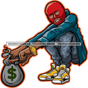 Puede incluir: Ilustración de una persona con pasamontañas rojo, chaqueta azul y pantalones grises, sosteniendo un cigarro encendido y una bolsa de dinero con un signo de dólar. La persona lleva un reloj de oro y zapatillas amarillas y blancas. La imagen tiene el texto "SVGHUSTLEGRIND".