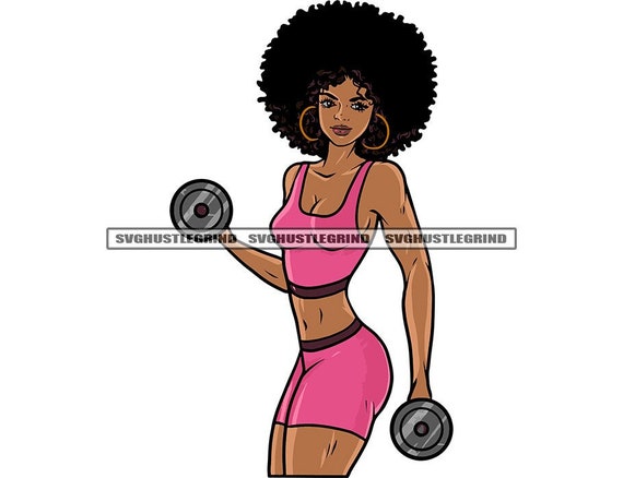 Mujer Negra Afro Rosa Entrenamiento Outfit Gimnasio Fitness Pesas