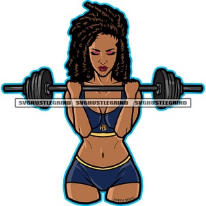 May include: Illustration of a woman lifting a barbell. She is wearing a blue sports bra and shorts with gold trim. The image has the text "SVGHUSTLEGRIND" and "HUSTLE SKULLY".