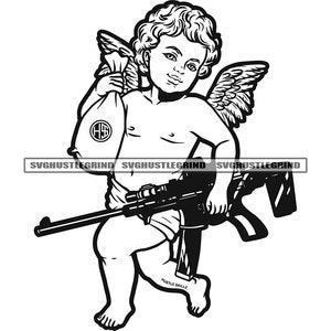 Angel Boy Holding Money Bag Rifle Weapon Heartless Statue Afro Hair Wings Hustler B /N SVG Vector Cutting Files PNG JPG Cricut Silhouette