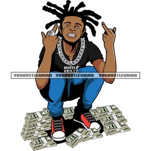 Gangster Black Man Money Stacks Locs Hair Bragging Diamond Chain Middle Finger Hustle Grind SVG Vector Cut Files PNG JPG Cricut Silhouette