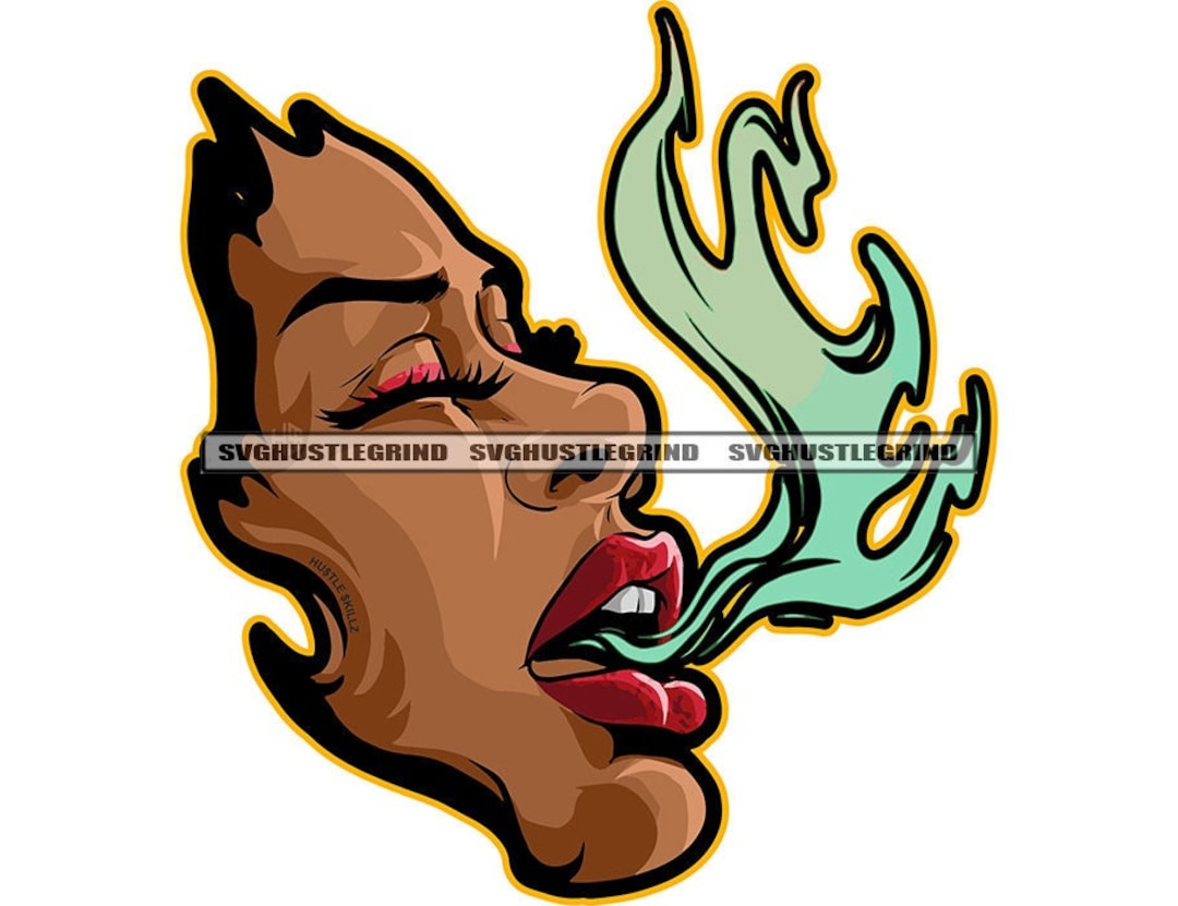 Melanine zwarte Afro-Amerikaanse vrouw blazen rook mond roken rode lippen  nauwe ogen SVG vector gelaagde gesneden bestanden PNG JPG Cricut silhouet -  ..., image size:1080x831