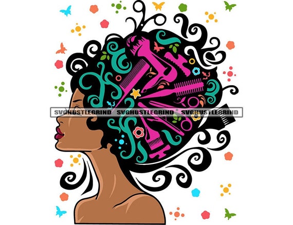 Black Woman Model Head Hairdresser Salon Tool Comb Brush Pick Blow Dryer  Scissors Graphic SVG Vector Cutting Files PNG JPG Cricut Silhouette
