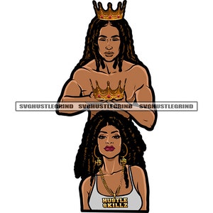 Puede incluir: Una ilustración digital de una pareja negra con coronas doradas. El hombre sostiene una corona dorada sobre su cabeza. La mujer lleva pendientes dorados y un collar con las palabras "Hustle Skillz".