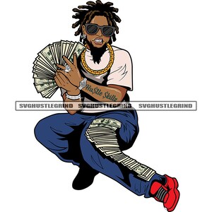 Gangster Black Man Dreadlocks Hair Beard Money Stacks Cash Hustler Grind Gold Chain SVG Vector Design Cut Files PNG JPG Cricut Silhouette