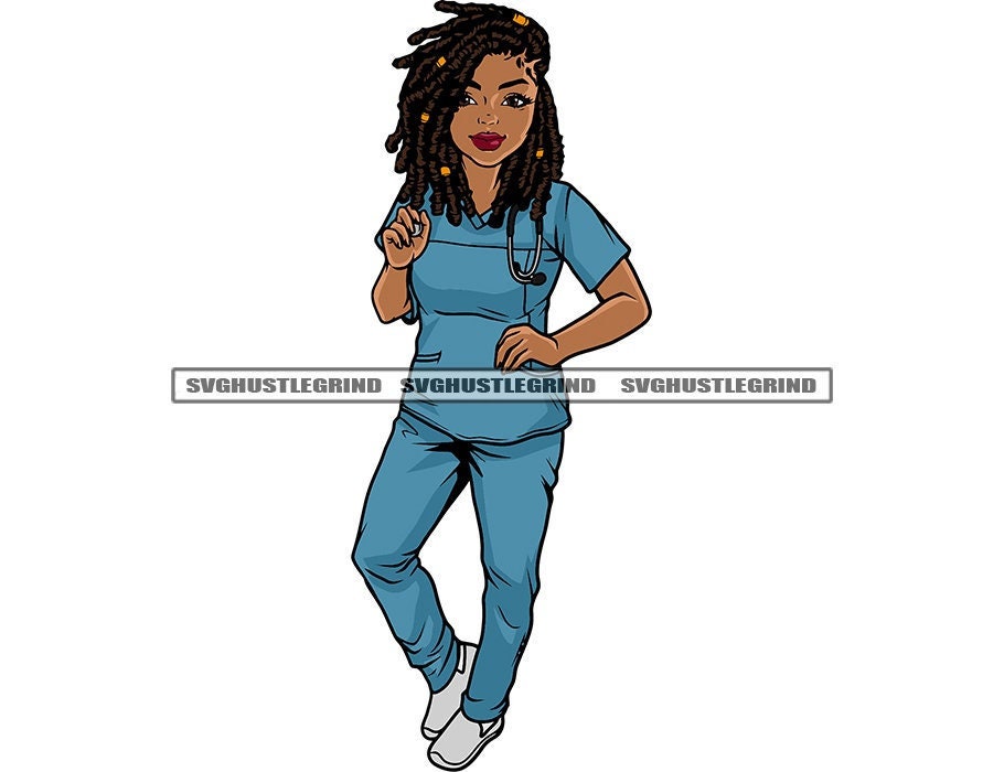 Black Woman Dreads Locs Blue Scrubs Hospital Medical Stethoscope Nurse Doctor Health Clinic Care SVG Vector Cutting Files PNG JPG Silhouette