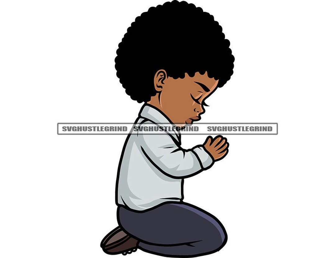 Black Child Boy Praying Kneeling Hands Folded Afro Blue Shirt Gray ...