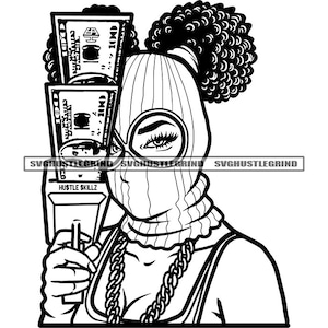 Joven mujer negra Ski Mask Afro Puffs Holding Rainmaker Shooting Cash Money Coloring B / N SVG Vector Cutting Files PNG JPG Cricut Silhouette