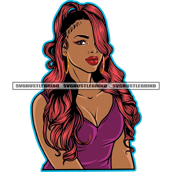 Black Sister Sitting Posing Auburn Red Long Hair Purple Low Top Hoop Earrings Character SVG Vector Cutting Files PNG JPG Cricut Silhouette