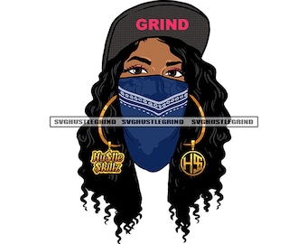 Gangster Woman Bandana Facemask Ladrón Street Girl Gorra de béisbol Hat Grind Hustler Criminal SVG Vector Cut Files PNG JPG Cricut Silueta
