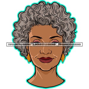 Older Black Woman Gray Curly Hair Gold Earrings Headshot Elder Granny Grandma Senior SVG Vector Cutting Files PNG JPG Cricut Silhouette