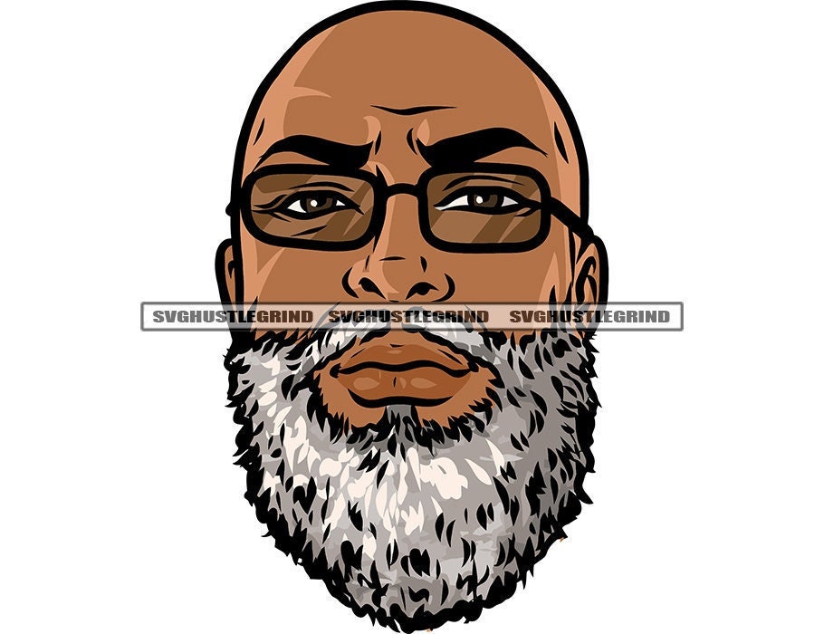 Older Black Man Bald Gray Beard Wearing Eyeglasses Head Only Brown Eyes Serious Look Graphic SVG Vector Cutting Files PNG JPG Silhouette