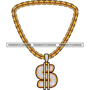 May include: A gold chain necklace with a large diamond-encrusted dollar sign pendant.