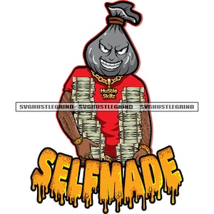 Self-Made Money Bag Head Cartoon Character Holding Money Stack Cash Hustle Hustling Grind SVG Vector Cut Files PNG JPG Cricut Silhouette